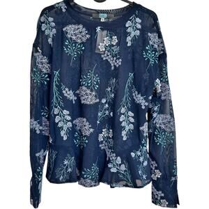EVA FRANCO x ANTHROPOLOGIE Women's Navy Sheer Mesh Top Embroidery Floral-Size 4